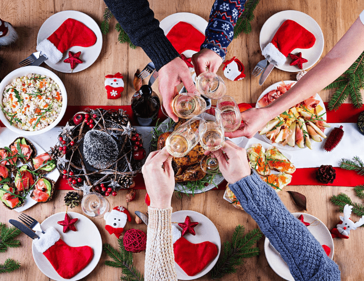 Red white Christmas table decor festive dinner with Santa napkins from Parte Haus party supply store in Bethesda MD