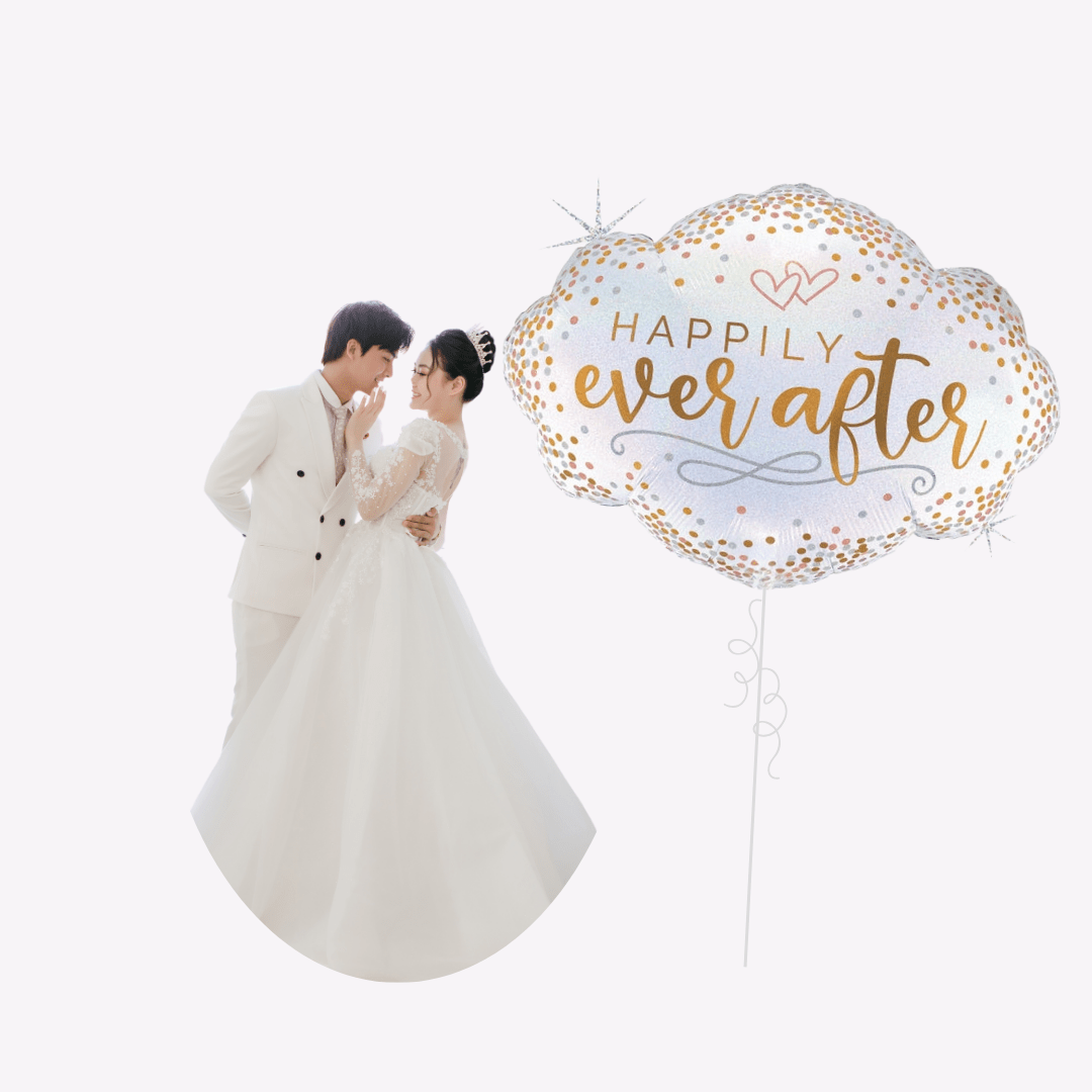 White gold balloon with happily ever after text and bride groom wedding theme from Parte Haus party supply store in Bethesda MD
