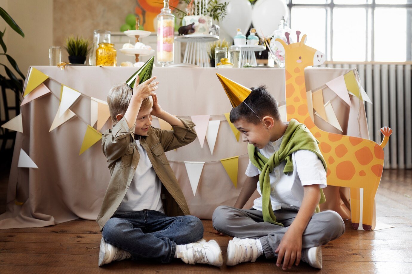 yellow and green kids party hats boys sitting with giraffe cutout birthday theme from Parte Haus party supply store in Bethesda MD