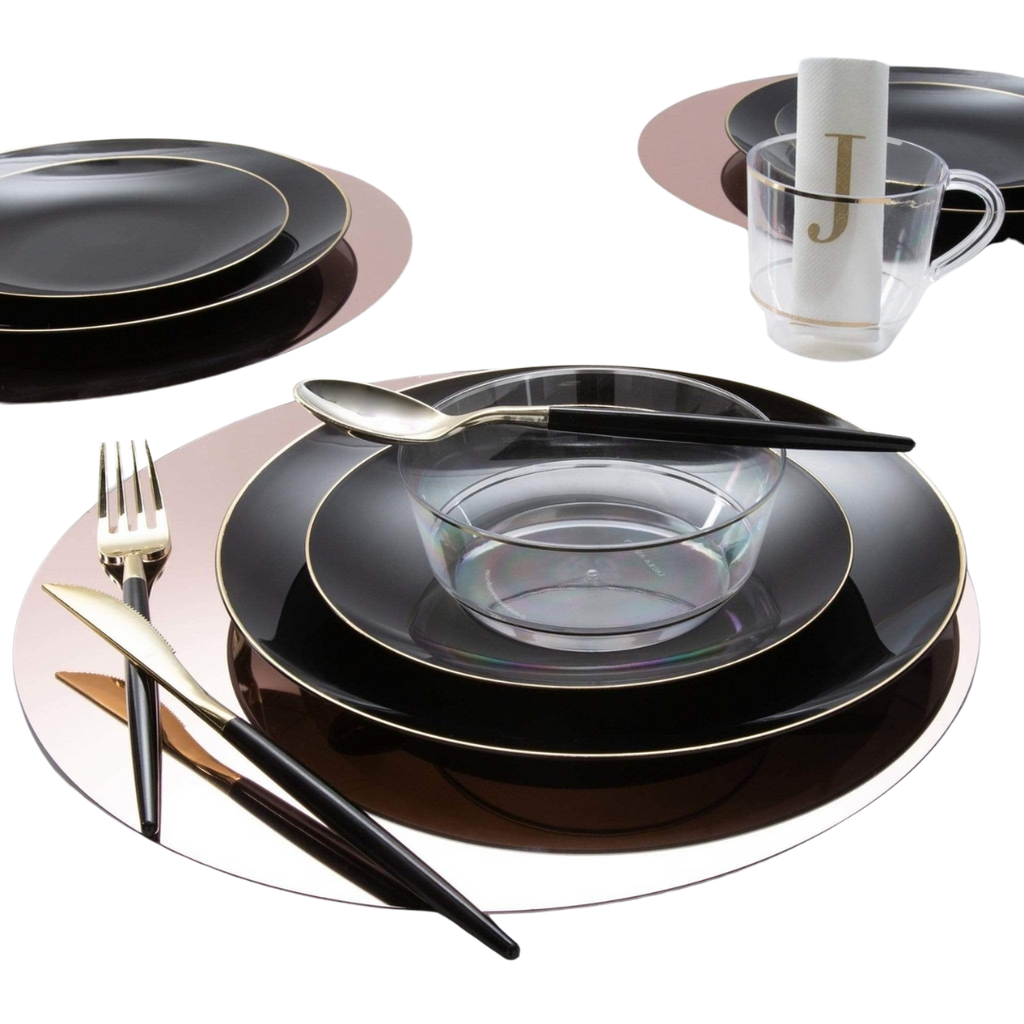 Black and gold dinnerware set with utensils for elegant dinner theme from Parte Haus party supply store in Bethesda MD