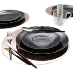 Black and gold dinnerware set with utensils for elegant dinner theme from Parte Haus party supply store in Bethesda MD