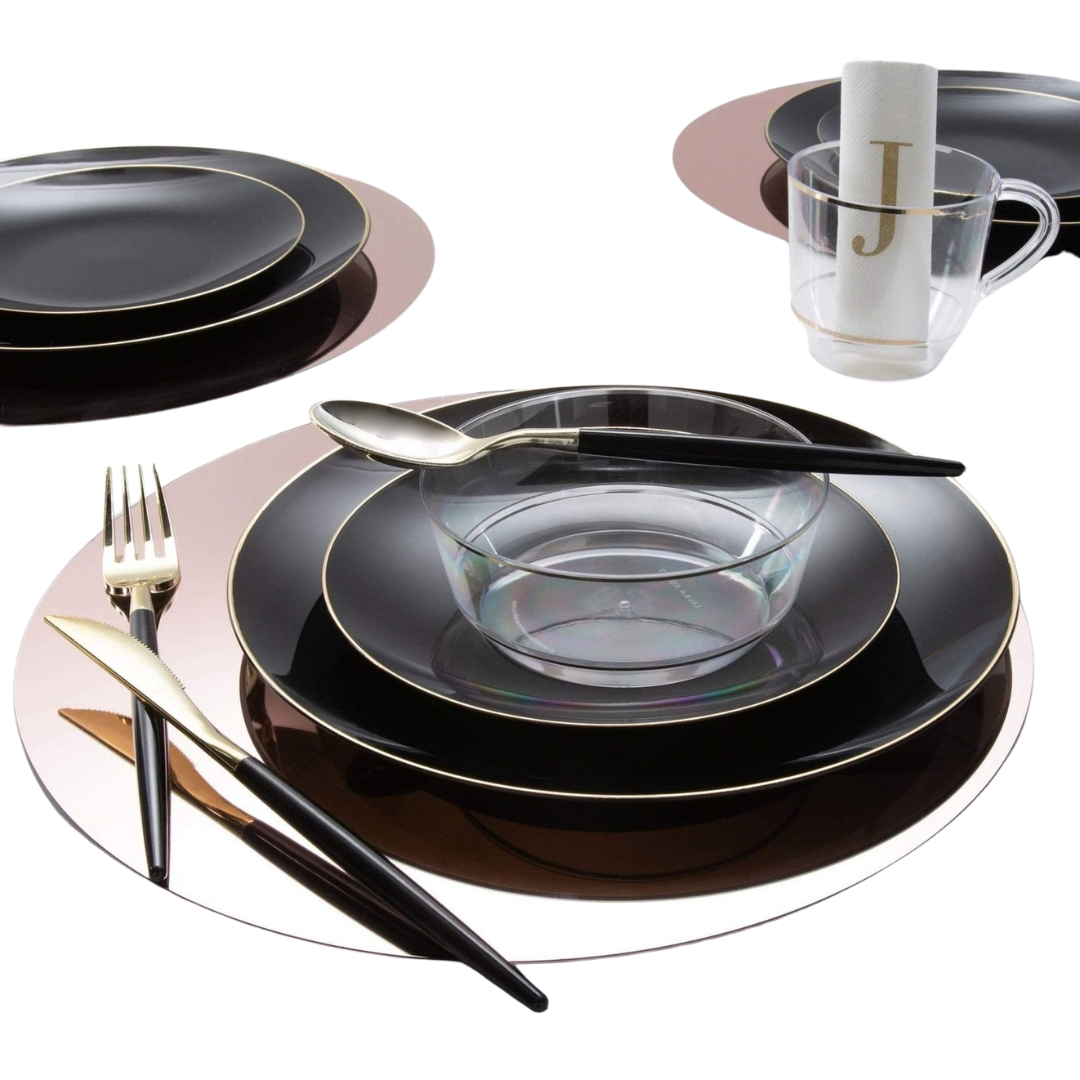 Black and gold dinnerware set with utensils for elegant dinner theme from Parte Haus party supply store in Bethesda MD