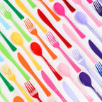 Rainbow plastic cutlery set with spoons forks and knives for birthday from Parte Haus party supply store in Bethesda MD.