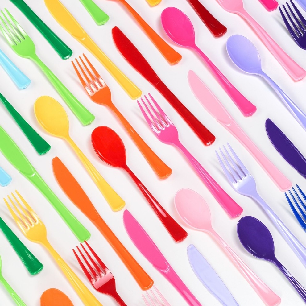 Rainbow plastic cutlery set with spoons forks and knives for birthday from Parte Haus party supply store in Bethesda MD.