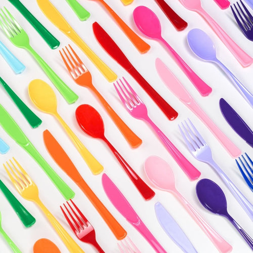 Rainbow plastic cutlery set with spoons forks and knives for birthday from Parte Haus party supply store in Bethesda MD.