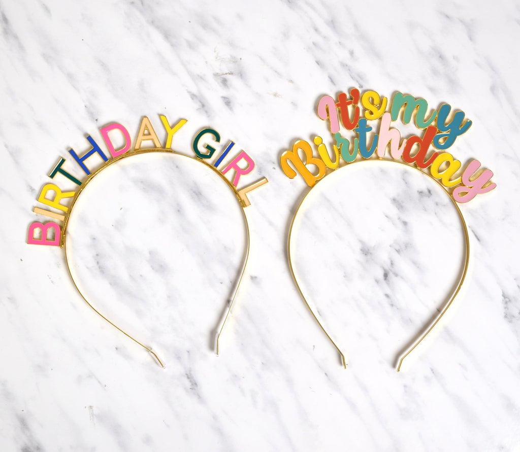 Multicolor birthday girl and it's my birthday headbands for birthday from Parte Haus party supply store in Bethesda MD