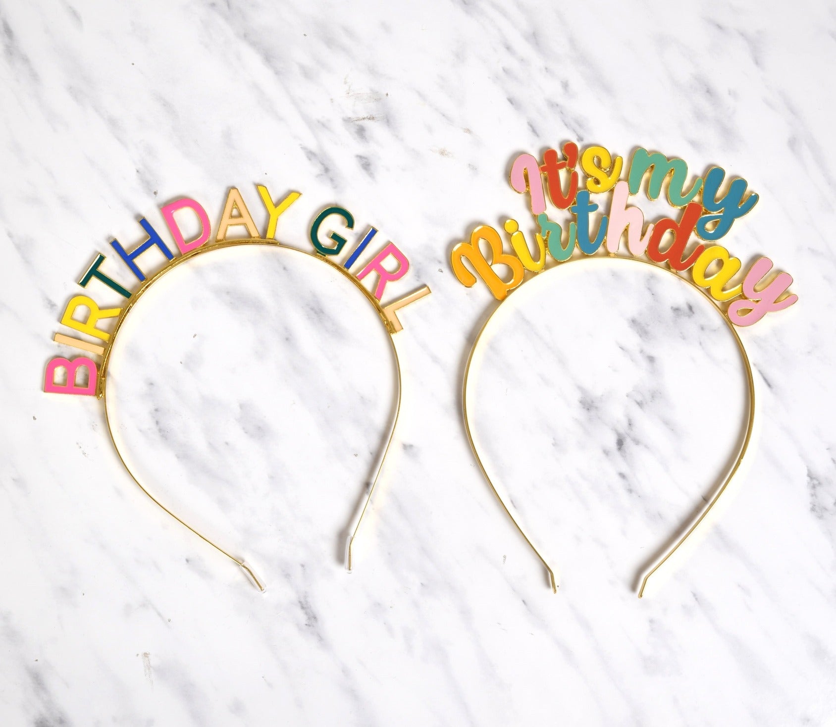 Multicolor birthday girl and it's my birthday headbands for birthday from Parte Haus party supply store in Bethesda MD