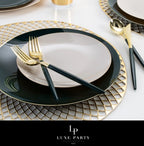 Gold and black plate set elegant tableware for dinner celebration from Parte Haus party supply store in Bethesda Maryland