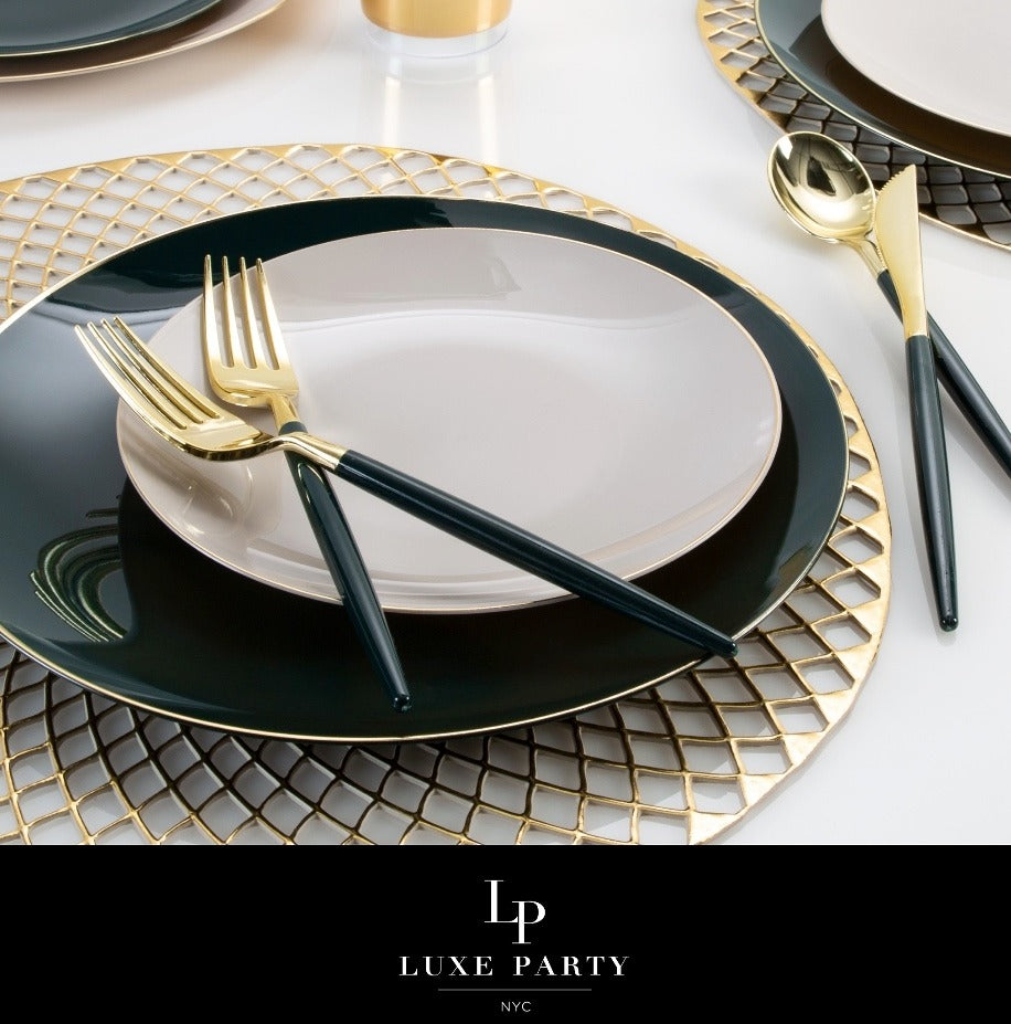 Gold and black plate set elegant tableware for dinner celebration from Parte Haus party supply store in Bethesda Maryland