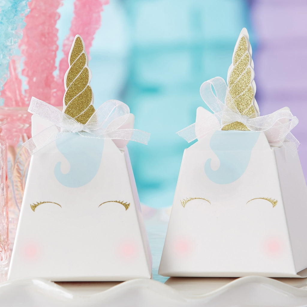 White unicorn favor box with gold horn bow and pastel accents birthday theme from Parte Haus party supply store in Bethesda MD.