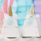 White unicorn favor box with gold horn bow and pastel accents birthday theme from Parte Haus party supply store in Bethesda MD.