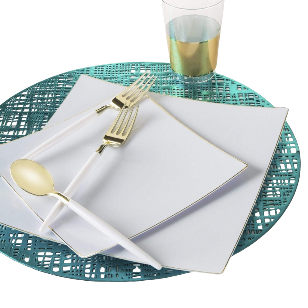White and gold plastic dinnerware set for dinner events from Parte Haus party supply store in Bethesda Maryland