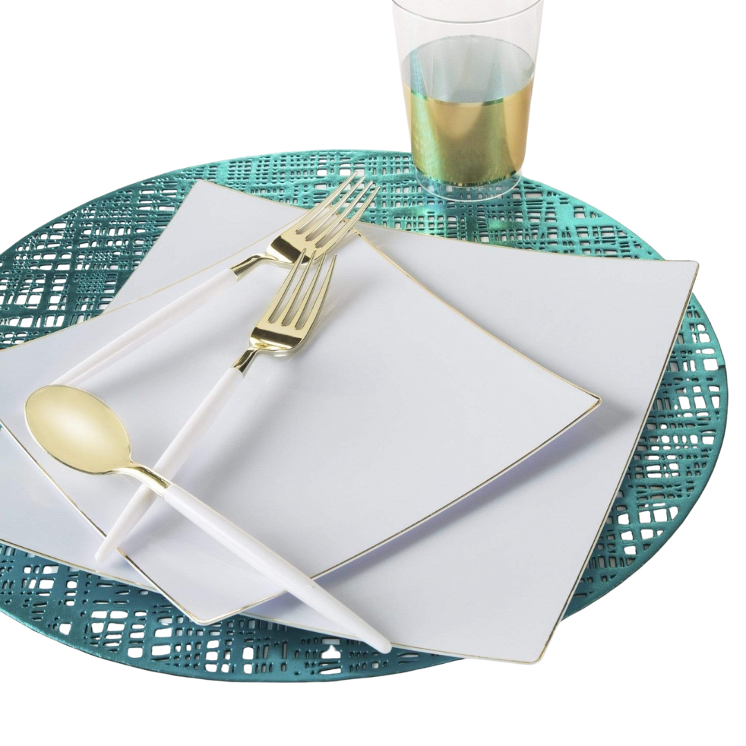 White and gold plastic dinnerware set for dinner events from Parte Haus party supply store in Bethesda Maryland