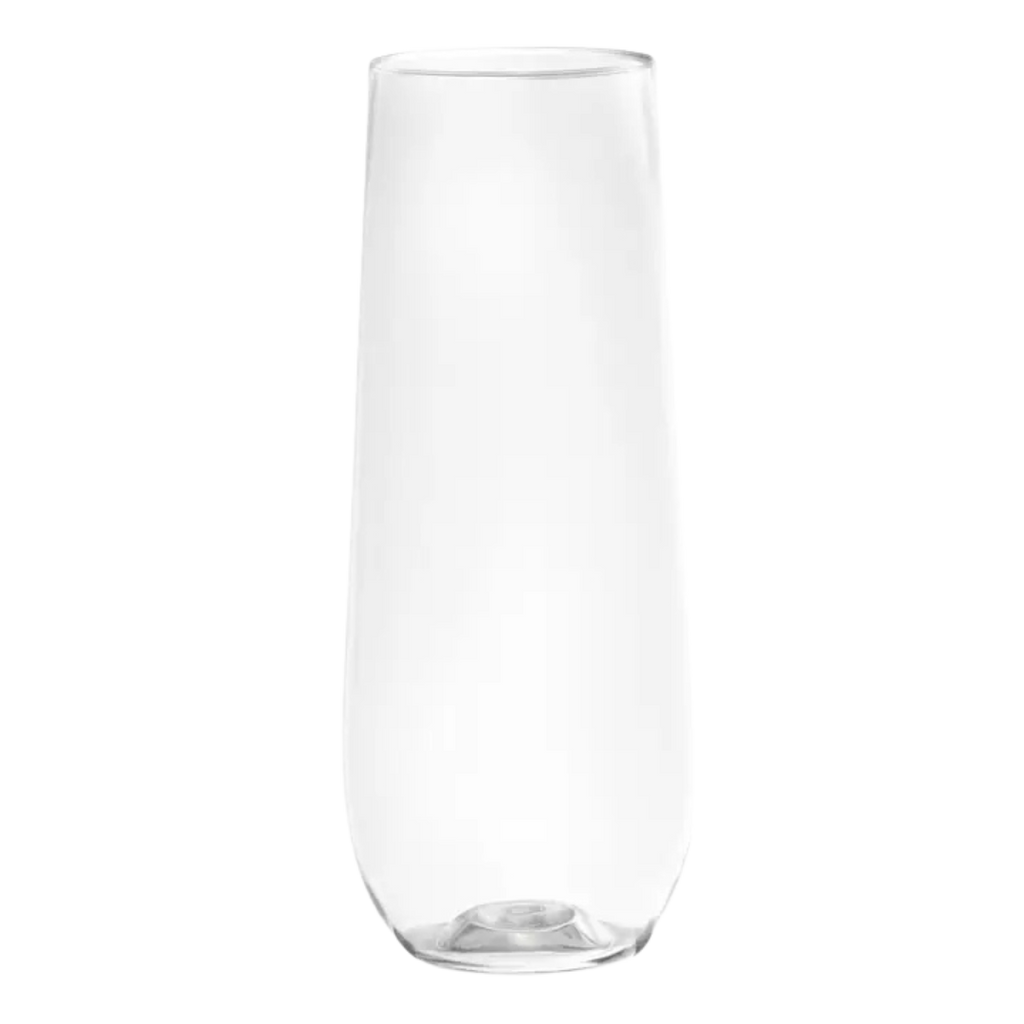 Clear plastic stemless champagne flute with modern shape for celebration from Parte Haus party supply store in Bethesda MD