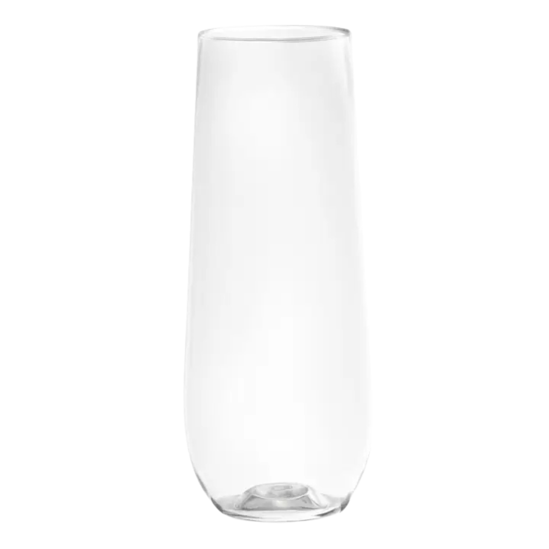 Clear plastic stemless champagne flute with modern shape for celebration from Parte Haus party supply store in Bethesda MD