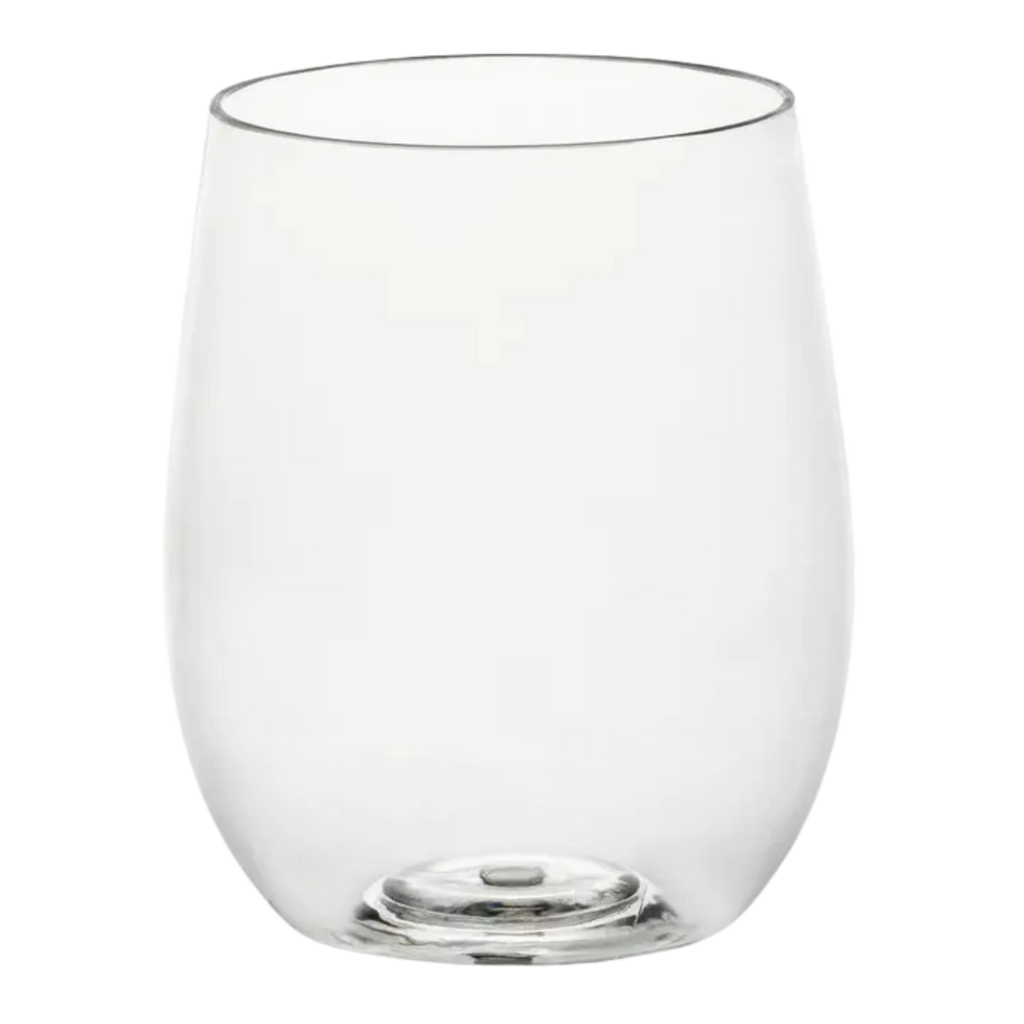 Clear stemless wine glass simple modern tableware for celebrations from Parte Haus party supply store in Bethesda MD