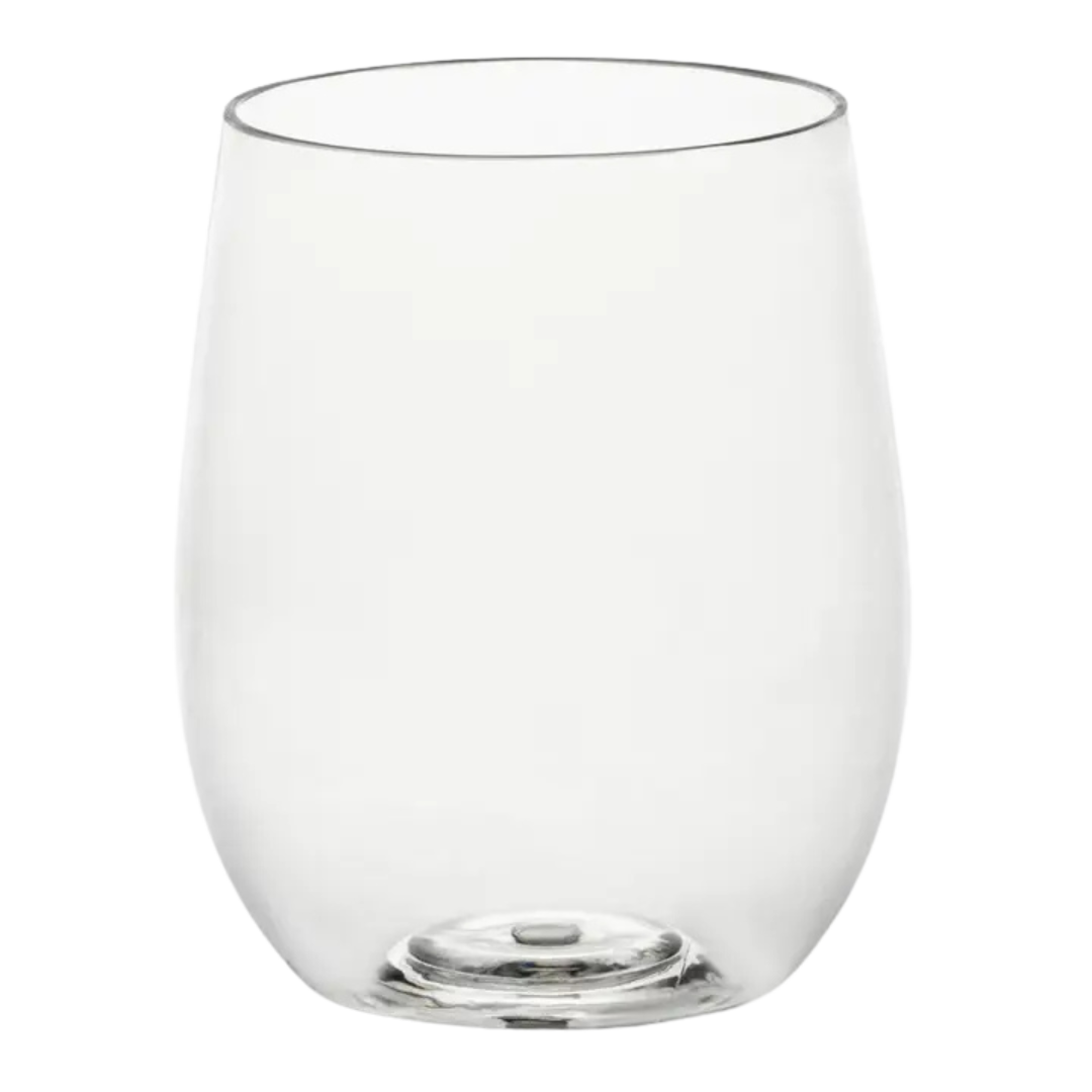 Clear stemless wine glass simple modern tableware for celebrations from Parte Haus party supply store in Bethesda MD