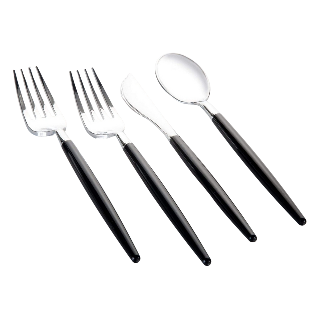 Black and silver cutlery set with two forks one knife and one spoon for dining events from Parte Haus party supply store in Bethesda MD.