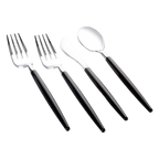 Black and silver cutlery set with two forks one knife and one spoon for dining events from Parte Haus party supply store in Bethesda MD.