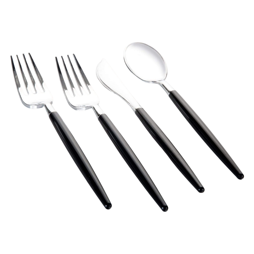 Black and silver cutlery set with two forks one knife and one spoon for dining events from Parte Haus party supply store in Bethesda MD.