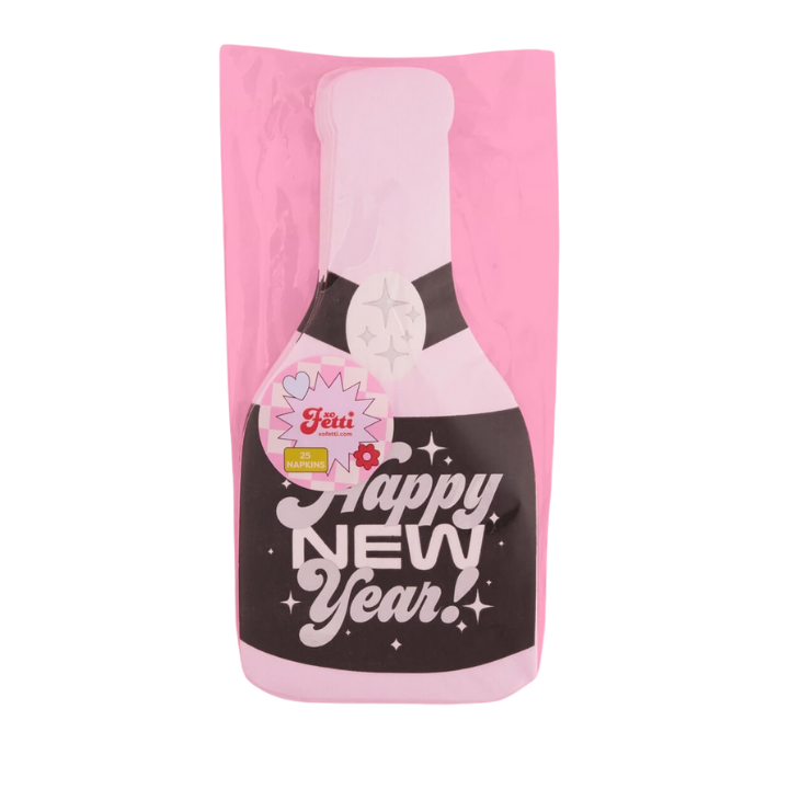 Pink and black champagne bottle shaped Happy New Year napkins from Parte Haus party supply store in Bethesda MD