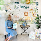 Blue and white baby shower banner with jungle animals and balloons from Parte Haus party supply store in Bethesda MD