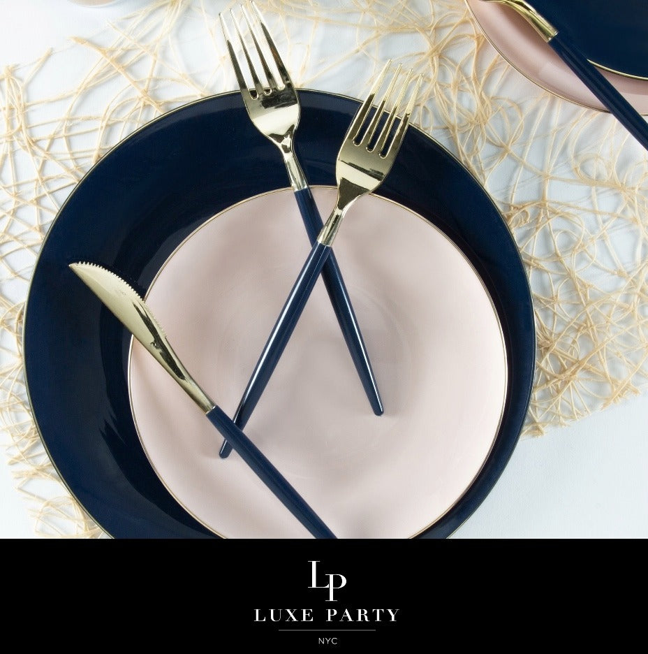 Navy and blush dinnerware set with gold flatware for modern celebration from Parte Haus party supply store in Bethesda MD.