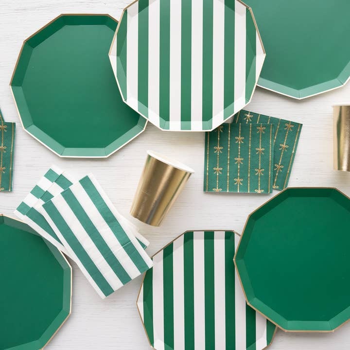 Green and white striped plates with gold cups and napkins birthday celebration from Parte Haus party supply store in Bethesda Maryland