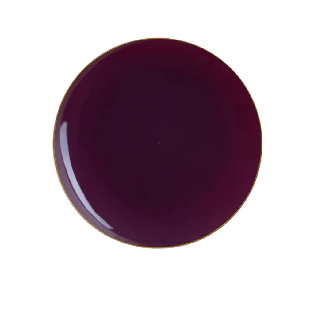 Plum round plate with gold rim for elegant gatherings from Parte Haus party supply store in Bethesda MD
