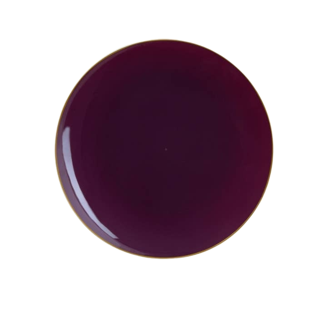 Plum round plate with gold rim for elegant gatherings from Parte Haus party supply store in Bethesda MD