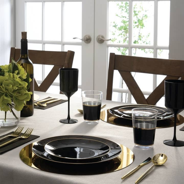 Black and gold dinnerware elegant table setting for dinner event from Parte Haus party supply store in Bethesda MD.