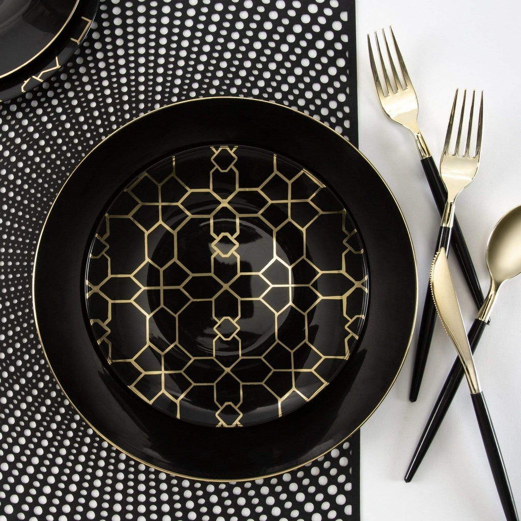 Black and gold plate with geometric pattern elegant dinnerware for modern event from Parte Haus party supply store in Bethesda MD