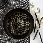 Black and gold plate with geometric pattern elegant dinnerware for modern event from Parte Haus party supply store in Bethesda MD