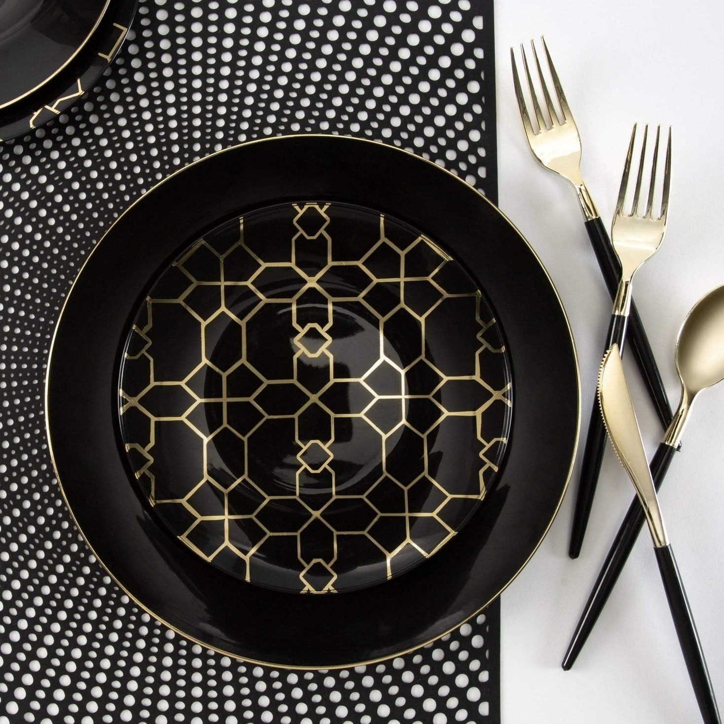 Black and gold plate with geometric pattern elegant dinnerware for modern event from Parte Haus party supply store in Bethesda MD