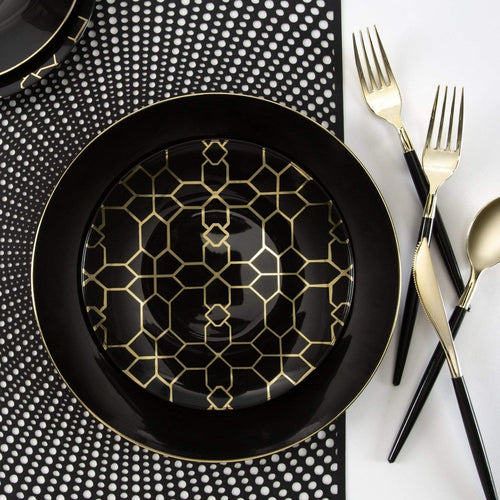 Black and gold plate with geometric pattern elegant dinnerware for modern event from Parte Haus party supply store in Bethesda MD
