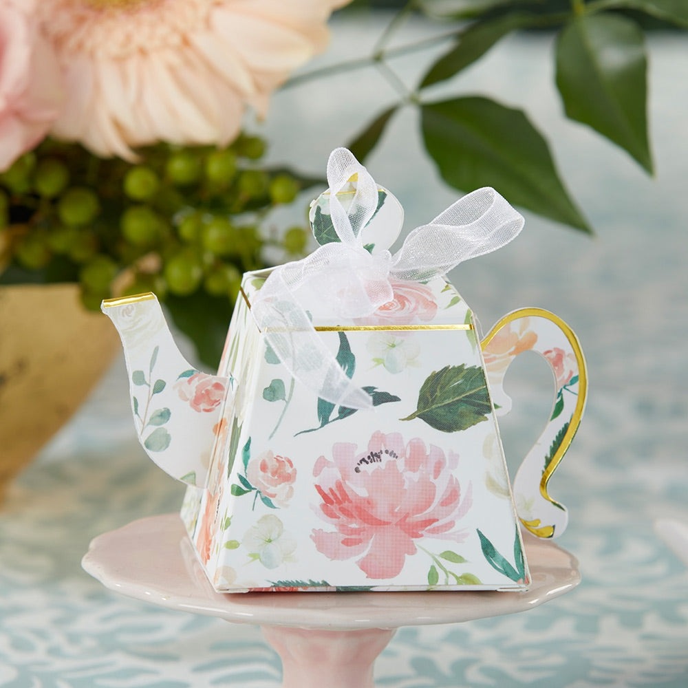 Floral teapot favor box with ribbon for tea party theme from Parte Haus party supply store in Bethesda Maryland