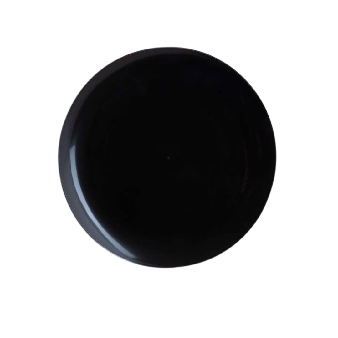 Black round plate shiny modern design for any celebration from Parte Haus party supply store in Bethesda Maryland