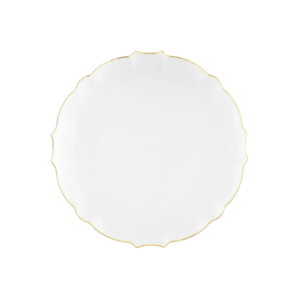Clear gold plastic dinner plate with scalloped edge elegant event decor from Parte Haus party supply store in Bethesda MD