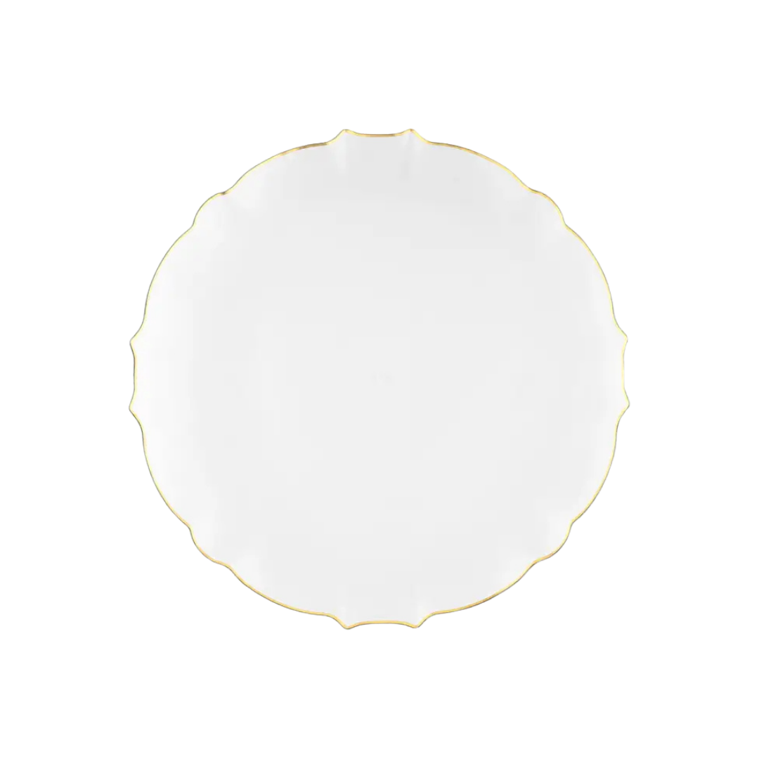 Clear gold plastic dinner plate with scalloped edge elegant event decor from Parte Haus party supply store in Bethesda MD