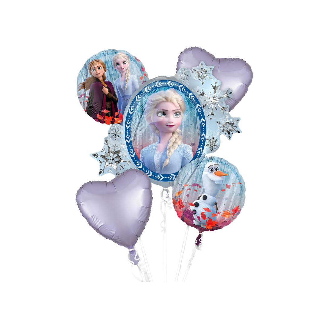 Purple Frozen character foil balloons with snowflake and heart shapes for birthday from Parte Haus party supply store in Bethesda MD