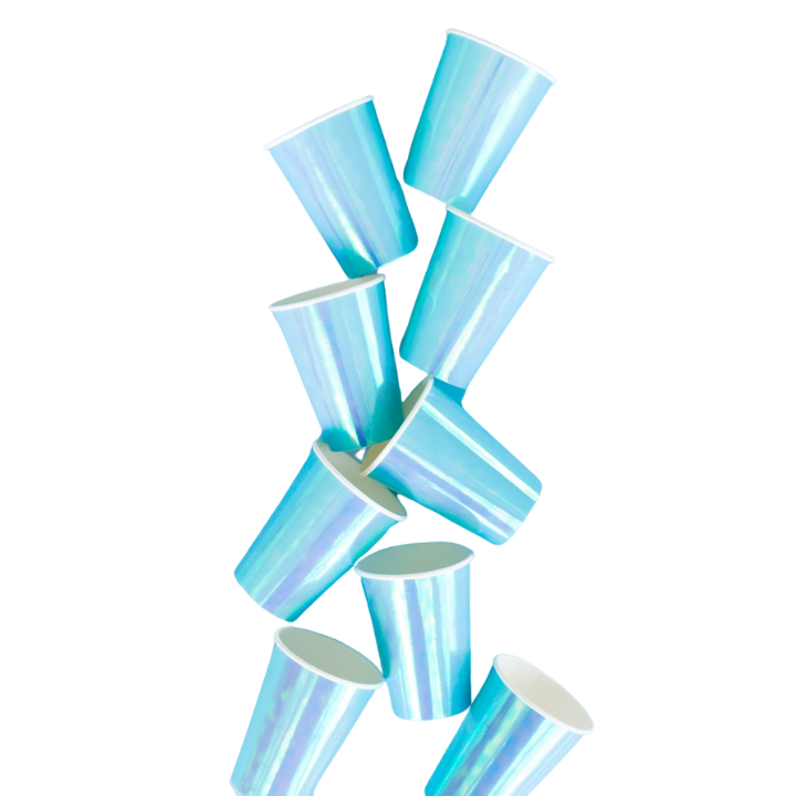 Blue iridescent paper cups arranged in a fun stack celebration theme from Parte Haus party supply store in Bethesda MD