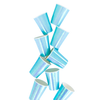 Blue iridescent paper cups arranged in a fun stack celebration theme from Parte Haus party supply store in Bethesda MD