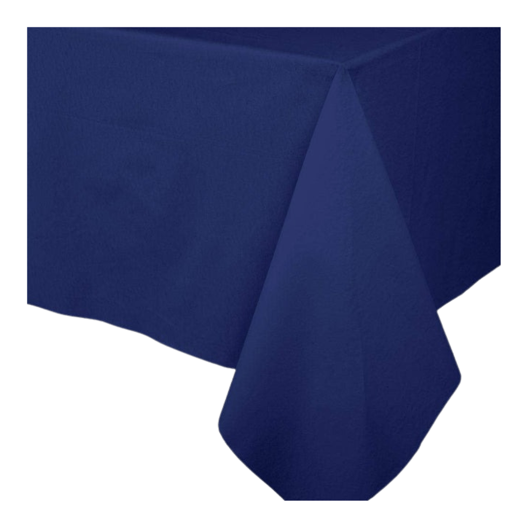 Navy blue rectangular table cover classic table setting from Parte Haus party supply store in Bethesda Maryland