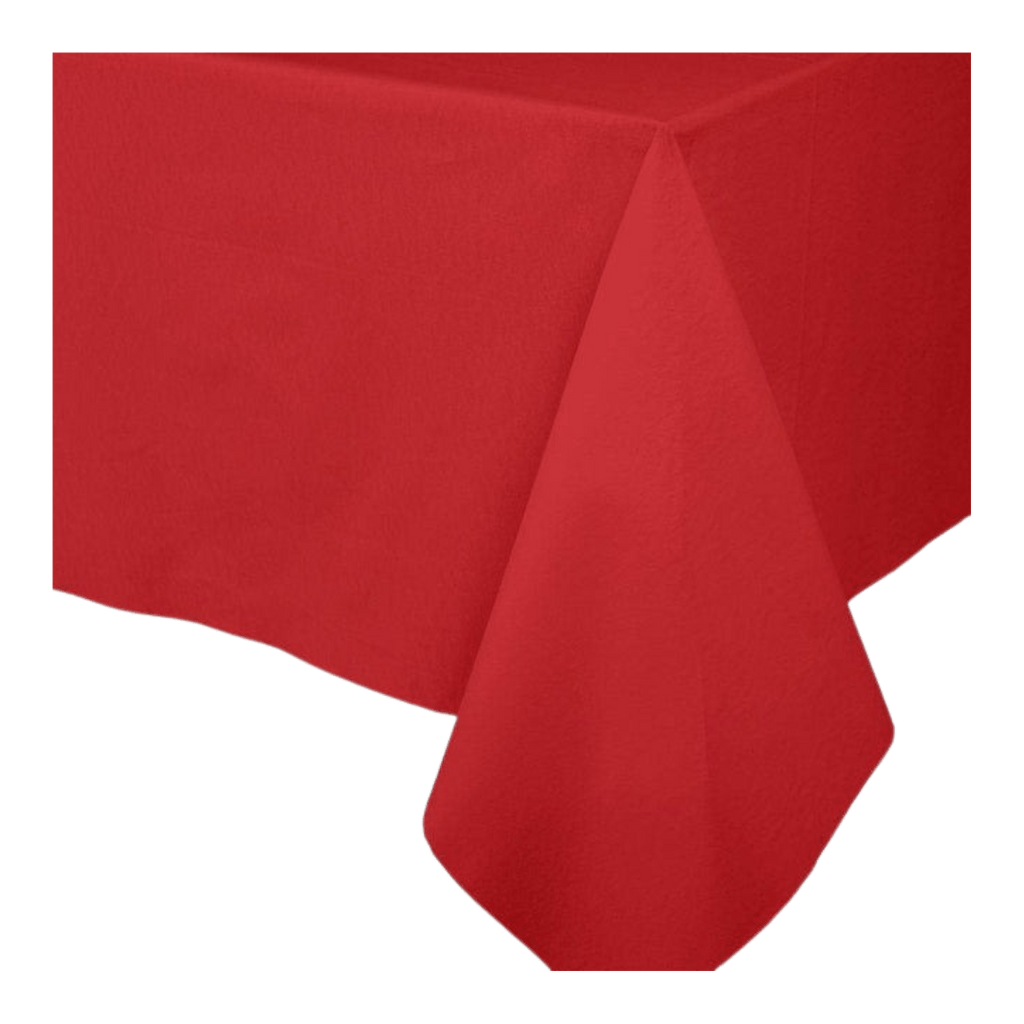 Red table cover with smooth fabric corner for birthday or holiday from Parte Haus party supply store in Bethesda MD