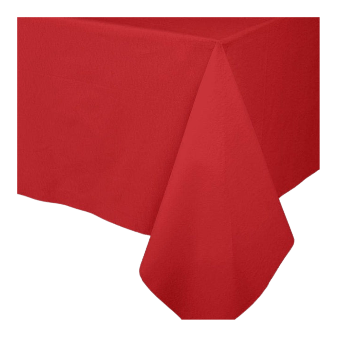 Red table cover with smooth fabric corner for birthday or holiday from Parte Haus party supply store in Bethesda MD