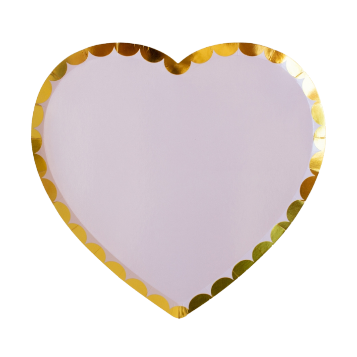 Pink and gold heart shaped plate with scalloped edge for celebration from Parte Haus party supply store in Bethesda MD.