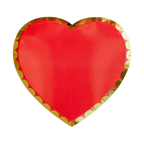 Red heart shaped plate with gold rim for Valentine theme from Parte Haus party supply store in Bethesda Maryland