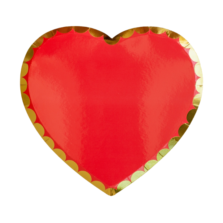 Red heart shaped plate with gold rim for Valentine theme from Parte Haus party supply store in Bethesda Maryland