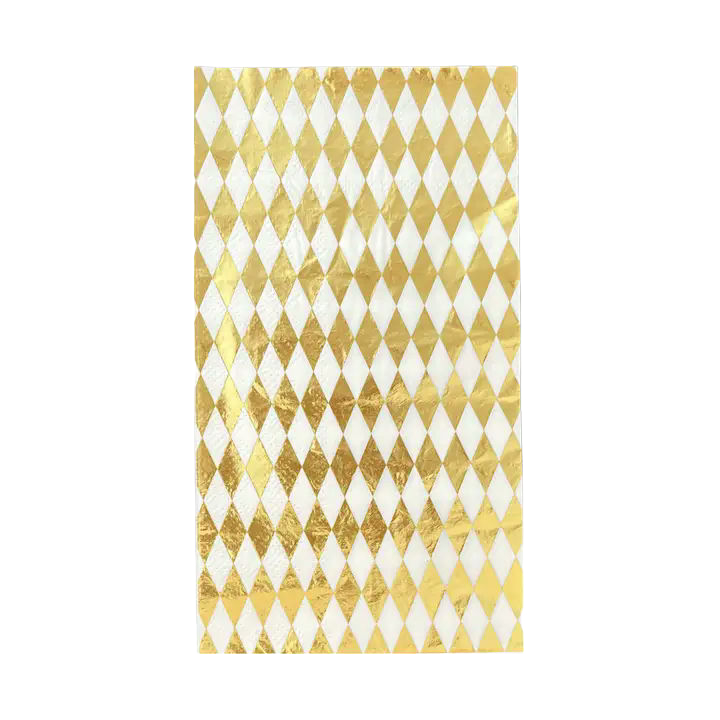 Gold and white harlequin napkin with diamond pattern for celebration from Parte Haus party supply store in Bethesda MD