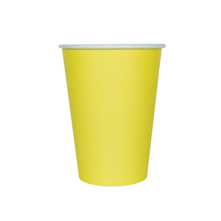 Yellow paper cup with plain design birthday from Parte Haus party supply store in Bethesda MD.